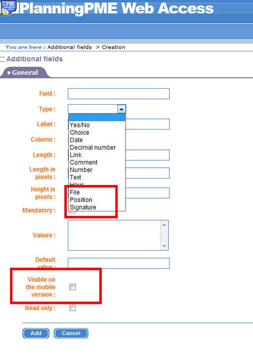 Additional fields PlanningPME Mobile