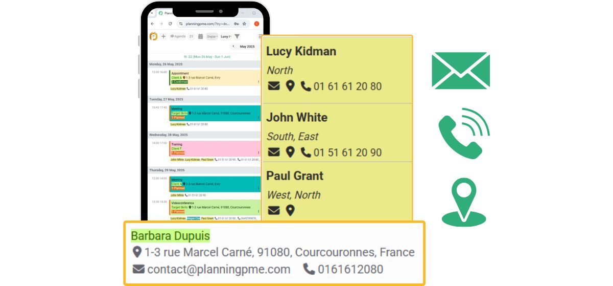 Clickable phone number, e-mail and address icons
