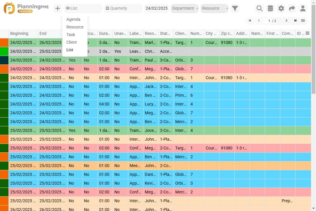 view list in PlanningPME Mobile